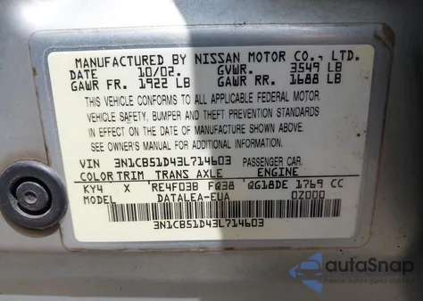 2003 Nissan Sentra Gxe z USA, uszkodzony, nr VIN 3N1CB51D43L714603